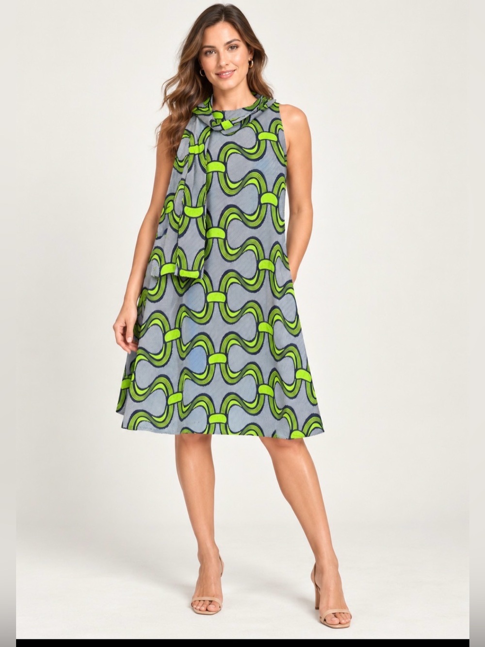 Ray Darten Shift Dress L Green Ankara Print Scarf boho rockabilly 70s
